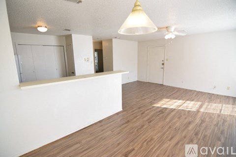A room with wooden flooring and a white ceiling with a light fixture.