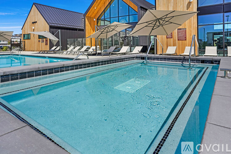 A large outdoor swimming pool with sun loungers and a building in the background.