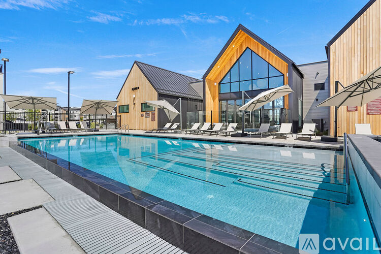 A large outdoor swimming pool with sun loungers and a modern building in the background.