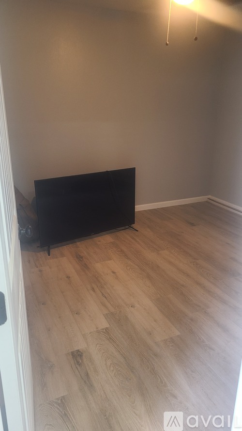 A room with wooden flooring and a black object on the floor.