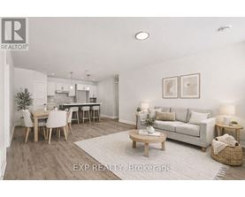 A well-lit, spacious living room with a dining area and a kitchen in the background.