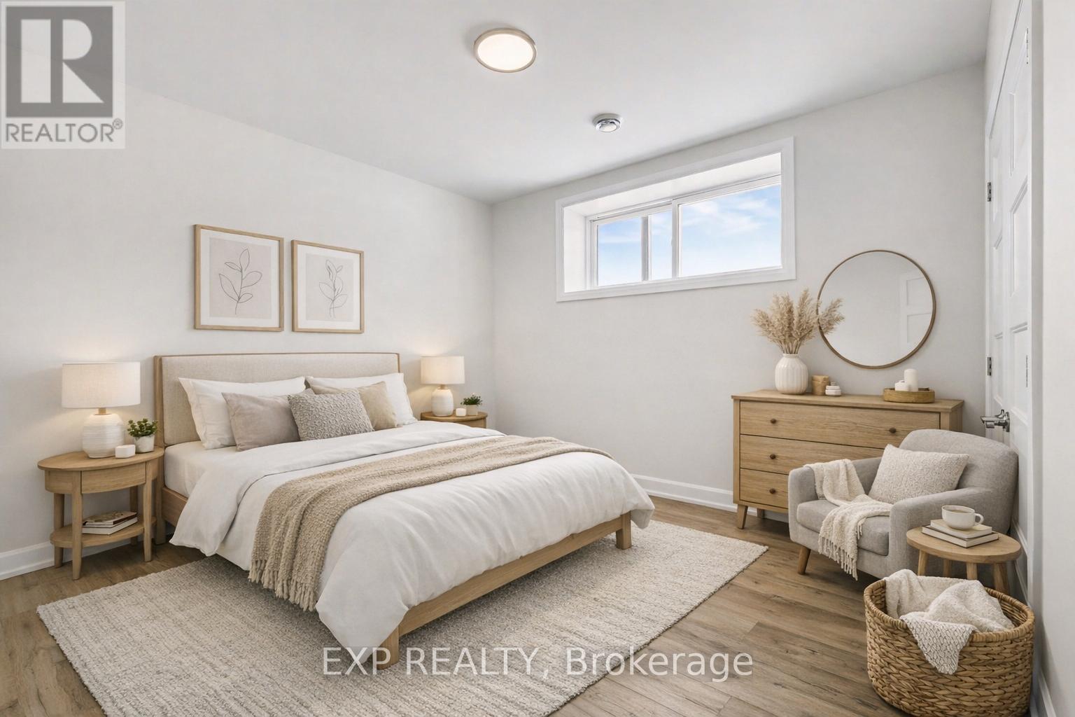 A bedroom with a large bed, a nightstand, a chair, and a basket on the floor.