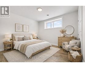 A bedroom with a large bed, a nightstand, a chair, and a basket on the floor.