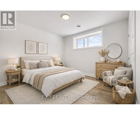 A bedroom with a large bed, a nightstand, a chair, and a basket on the floor.