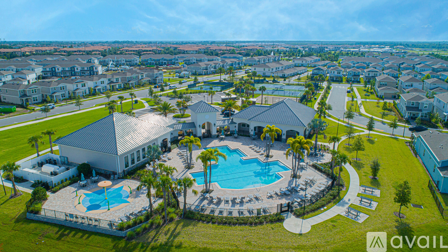 A bird's eye view of a residential area with a swimming pool and a clubhouse.