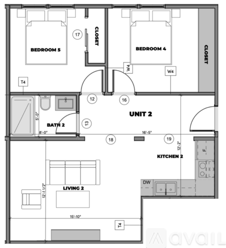 A floor plan of an apartment with two bedrooms, two bathrooms, a living room, and two kitchens.