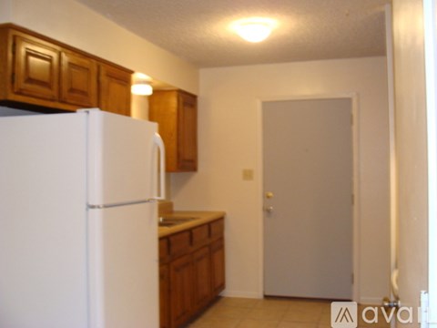 A kitchen with a white refrigerator and wooden cabinets.