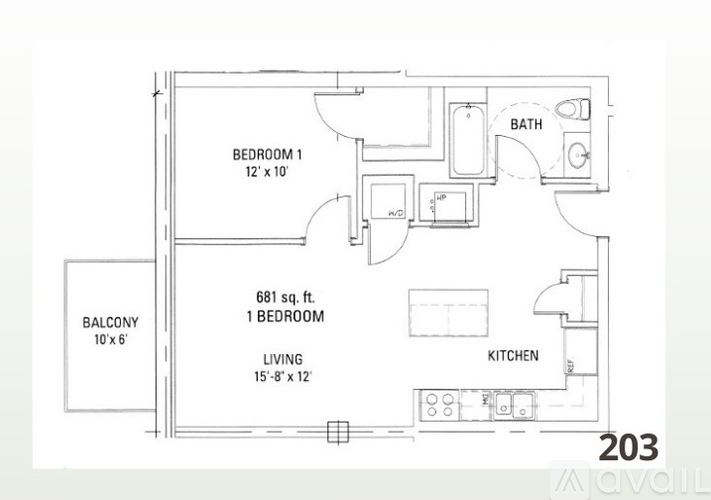 A floor plan of a 203 square foot apartment with one bedroom, one bathroom, a kitchen, a living room, and a balcony.
