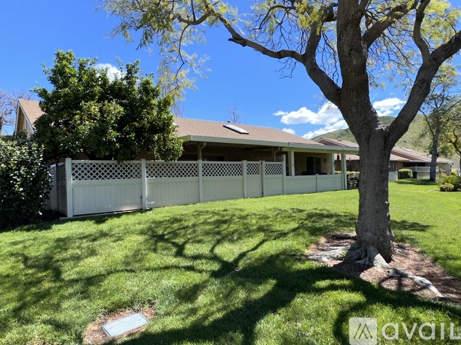 A tree stands in a yard in front of a house.