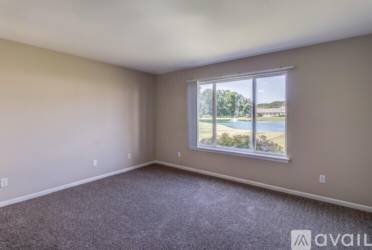 A room with a carpeted floor and a large window showing an outdoor view.