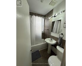 A bathroom with a toilet, sink, and shower.
