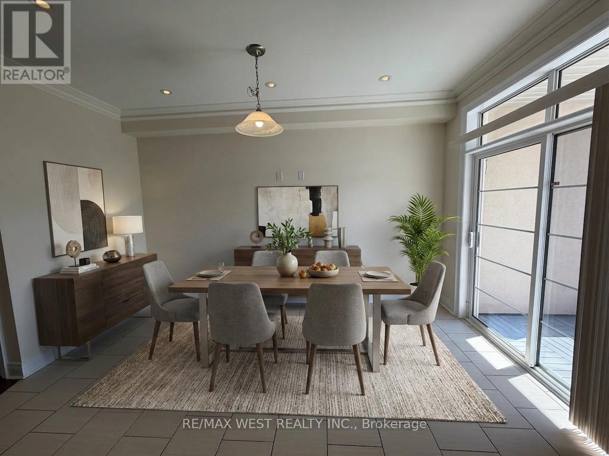 A dining room with a table set for six with a view of the backyard.