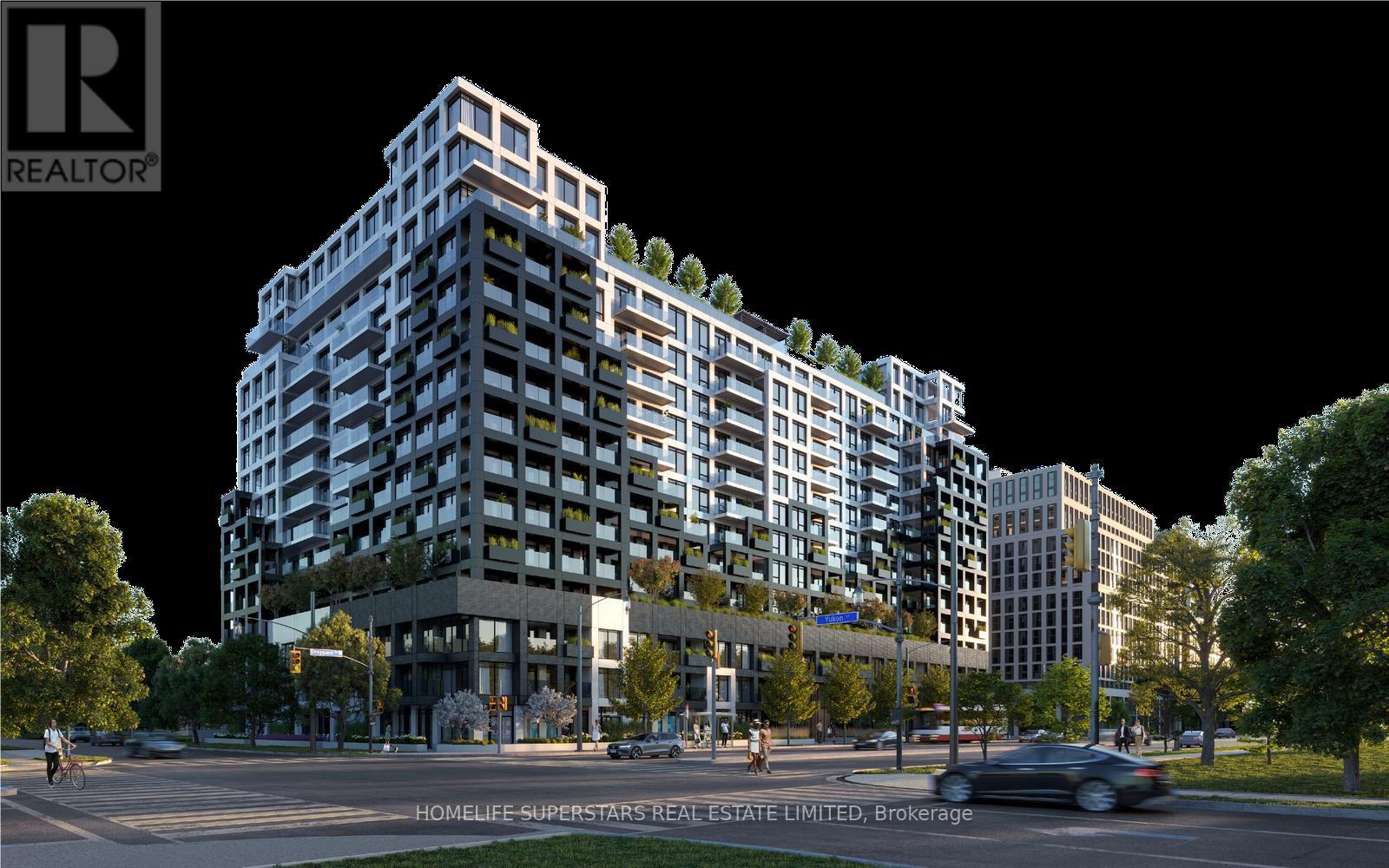 A rendering of a modern apartment building with a green roof and a sign that reads "HOMELIFE SUPERSTARS REAL ESTATE LIMITED, Brokerage".