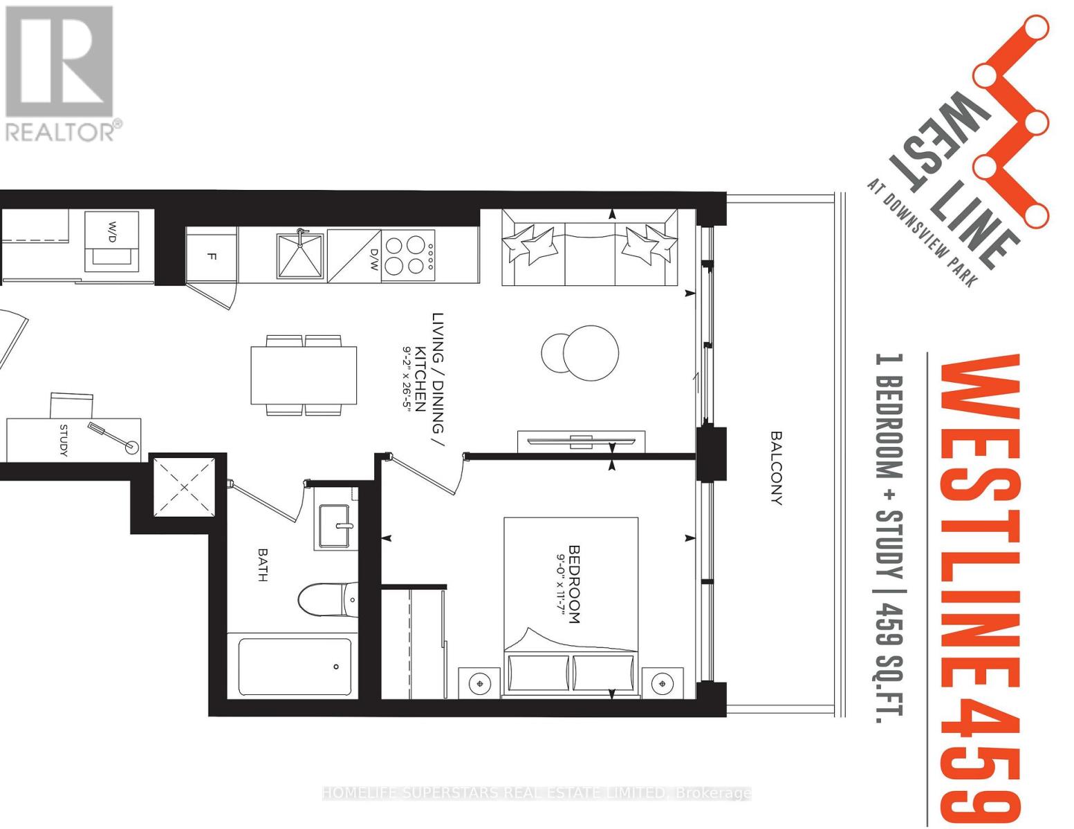 A floor plan for a 1 bedroom + study apartment at Westline 459.