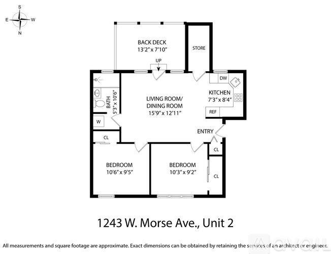 A black and white image of a floor plan for a two-bedroom apartment.