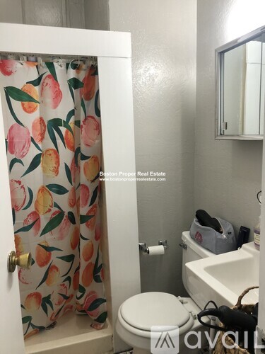 A bathroom with a floral shower curtain and a white toilet.