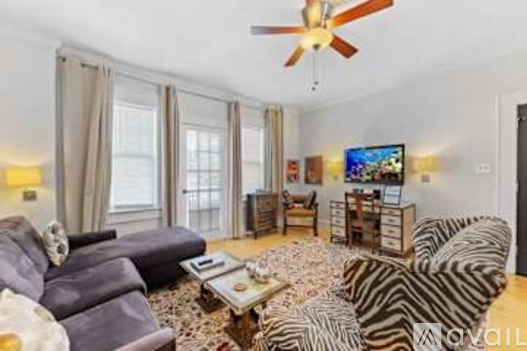 A living room with a grey sofa, a zebra print chair and a coffee table.
