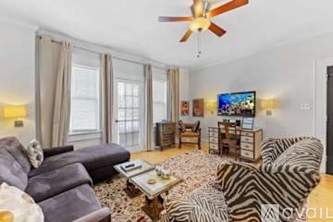 A living room with a grey sofa, a zebra print chair and a coffee table.