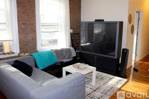 A living room with a grey couch and a black television.