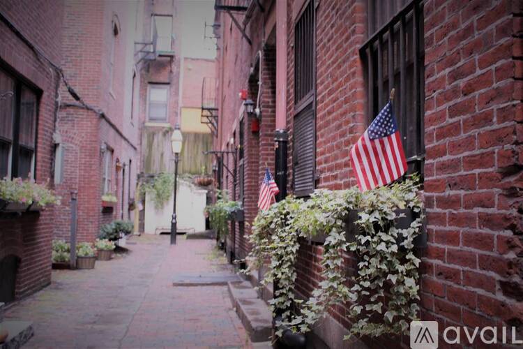 A narrow alley with brick buildings and American flags.