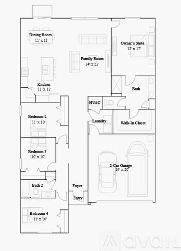 A floor plan of a house with a dining room, family room, and four bedrooms.