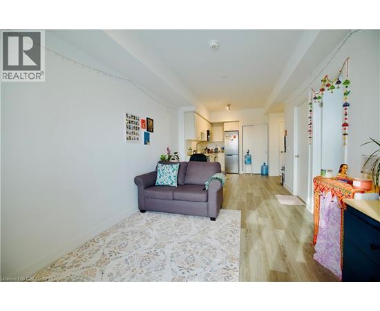 A living room with a grey couch and a patterned rug.