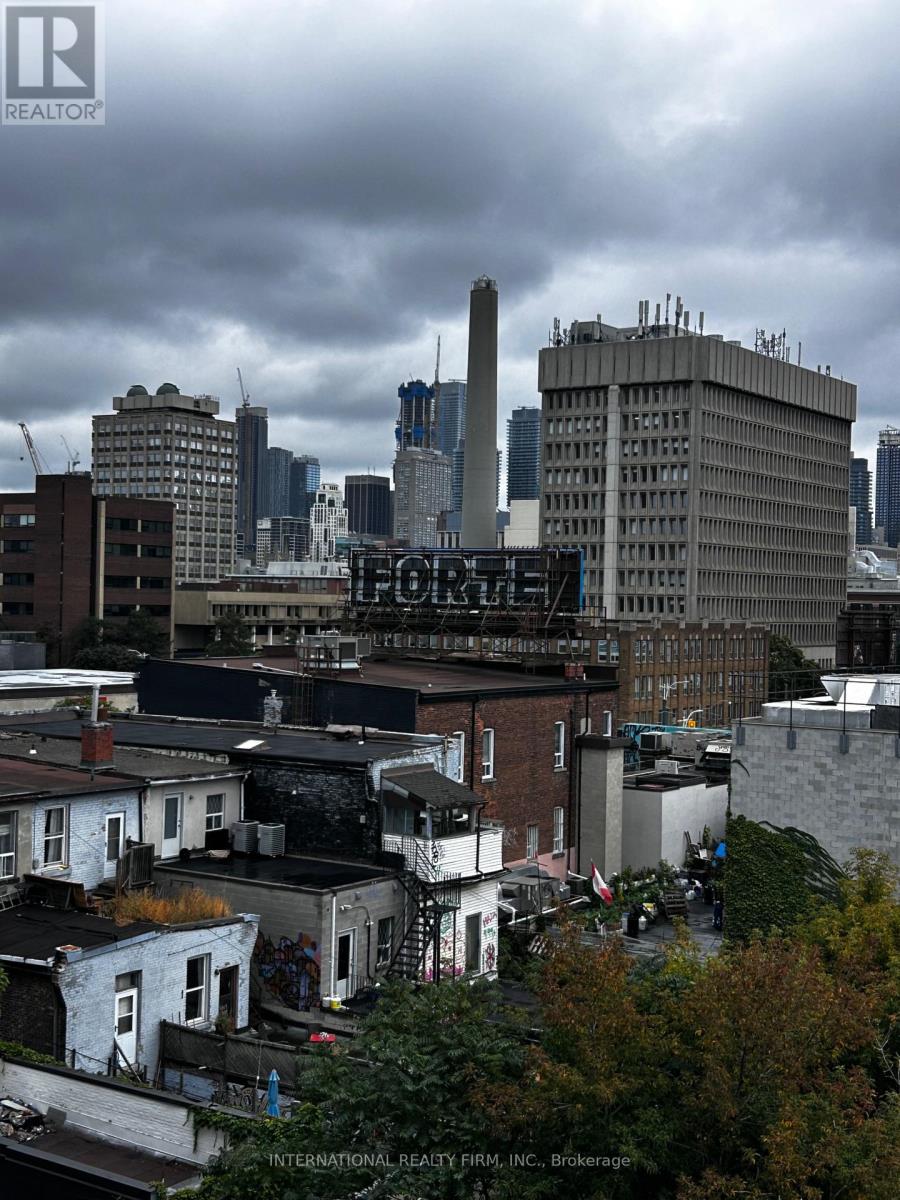 A cityscape with a mix of modern and older buildings under a cloudy sky.