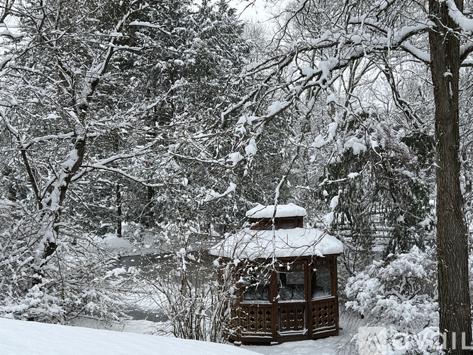 A gazebo sits in the middle of a snowy forest.