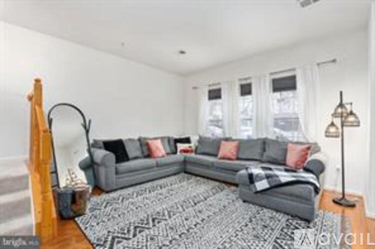 A living room with a grey couch and a black and white rug.