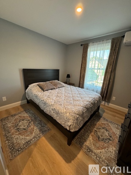 A bedroom with a large bed and two rugs on the floor.