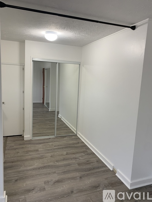A hallway with a white door and a mirror on the wall.