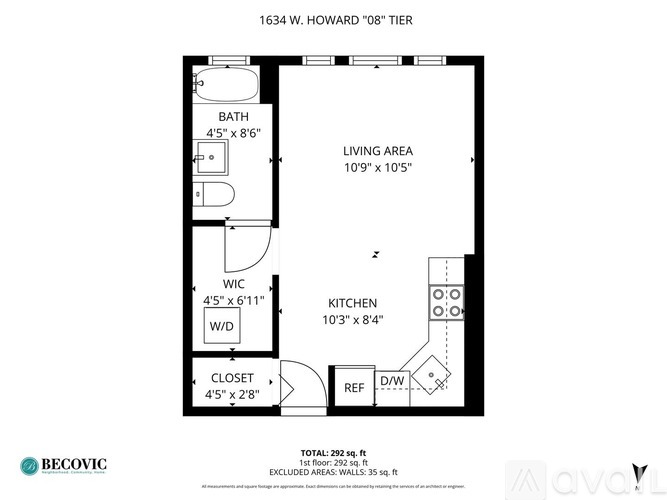 A floor plan for a 109 square foot one bedroom apartment.