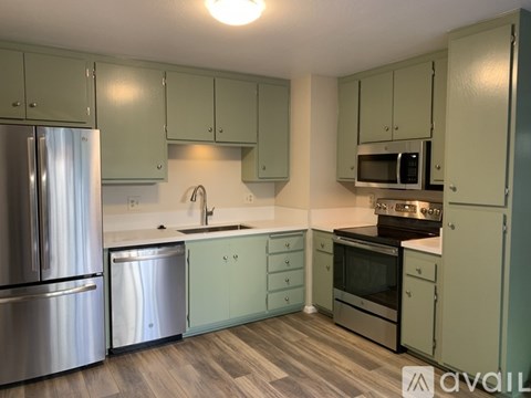 A kitchen with green cabinets and stainless steel appliances.