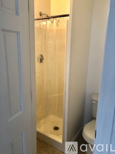 A bathroom with a toilet, a shower with a curtain, and a door.