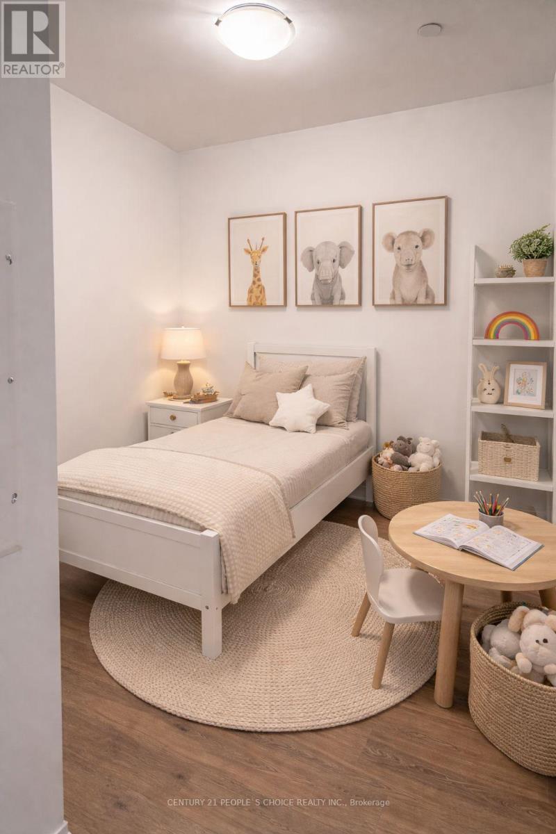 A bedroom with a bed, a chair, a table, and a shelf with various items.