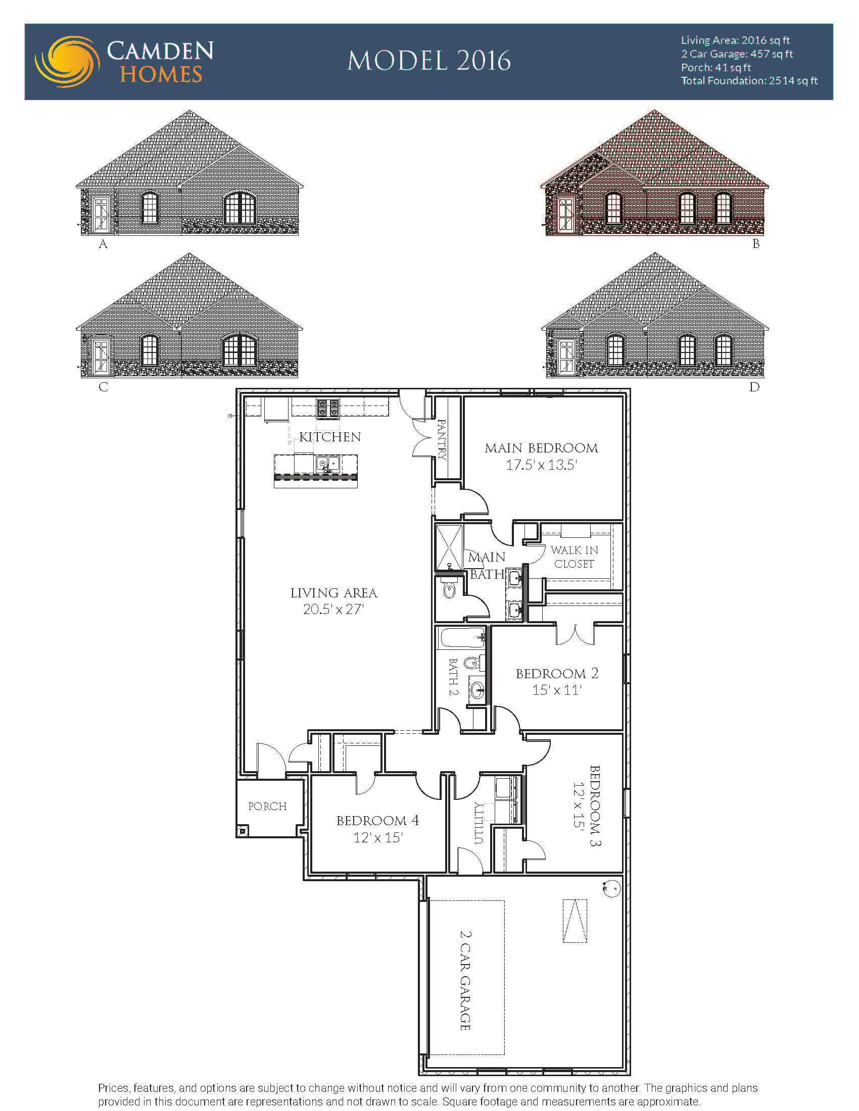 A floor plan for a Camden Homes model from 2016 showing the layout of the rooms.