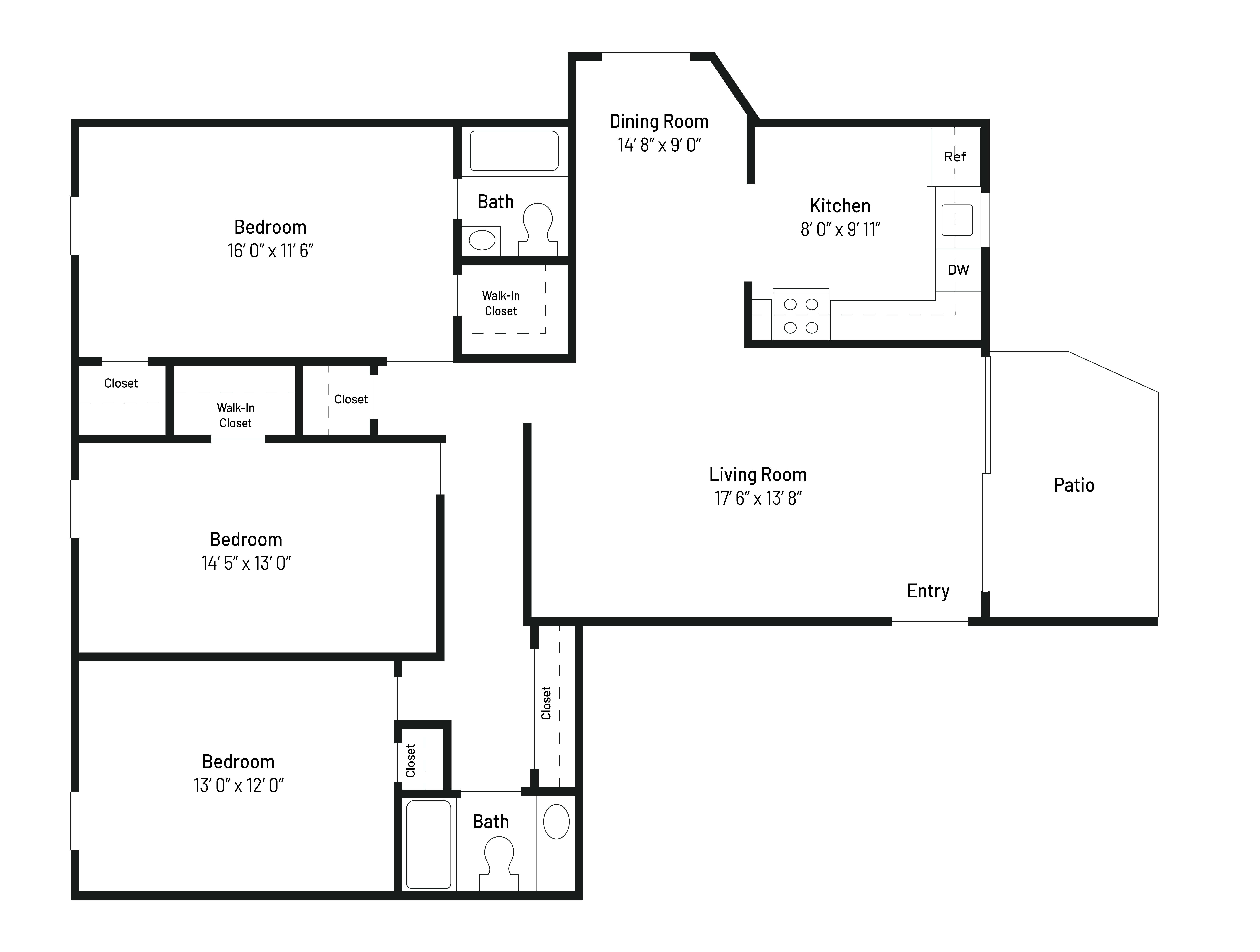 The Nighthawk is a 1,350 SF three-bedroom, two bath apartment home.