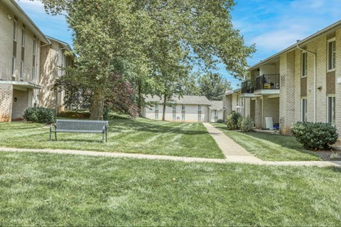 A grassy area with a bench and apartment buildings in the background.