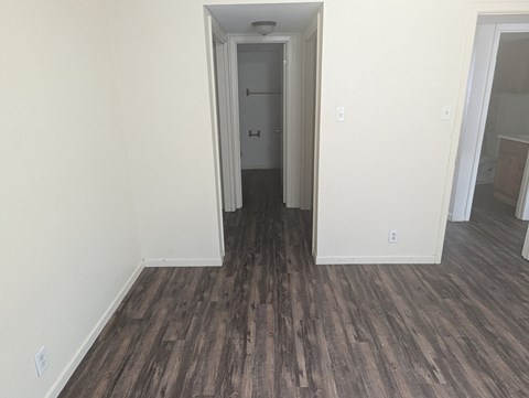 A room with a wooden floor and a doorway leading to another room.