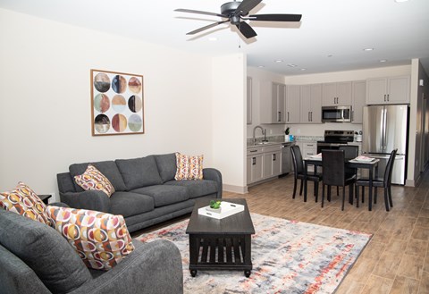 A modern living room with a grey couch and a coffee table.
