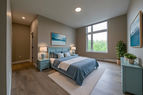 A bedroom with a large bed and a painting on the wall.