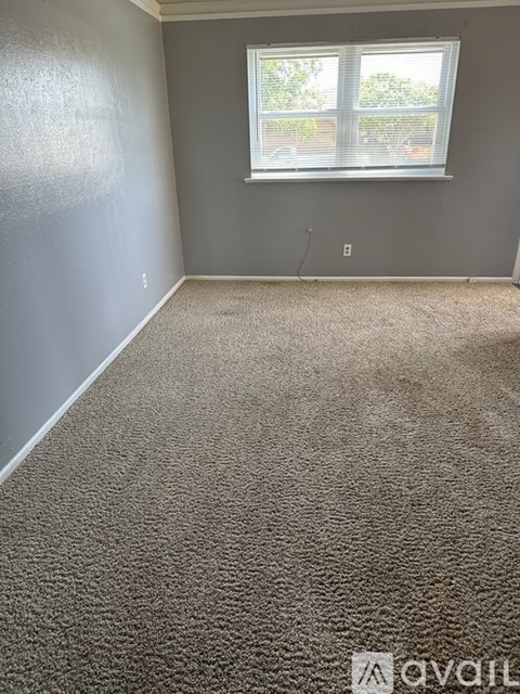 A carpeted room with a window and a wall socket.
