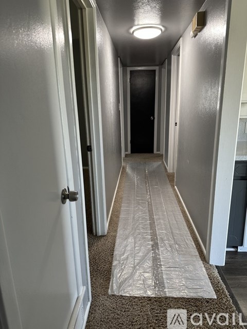 A long hallway with a carpeted floor and doors on both sides.