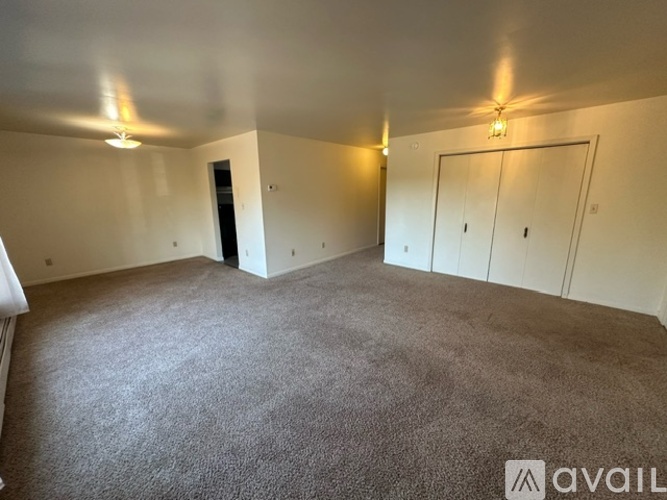 A spacious room with carpeted floor and two doors.