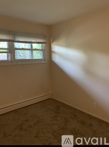 A room with a window and carpeted floor.