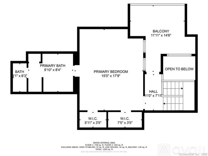 A black and white image of a floor plan for a home with a balcony, primary bedroom, bath, and hallway.