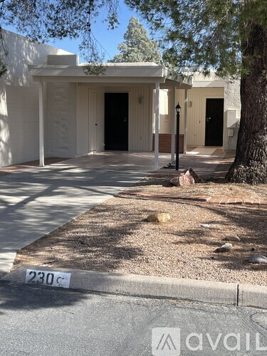 A white building with a black door and a tree in front of it.