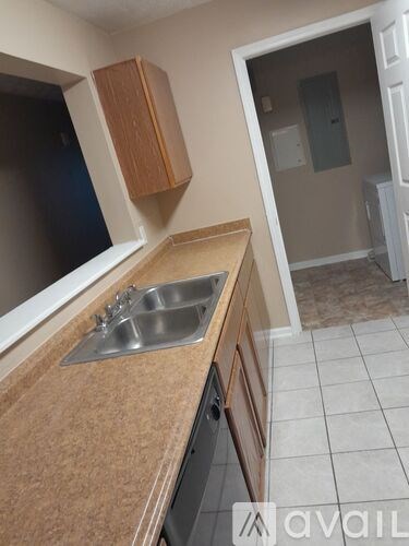 A kitchen with a sink and a counter.