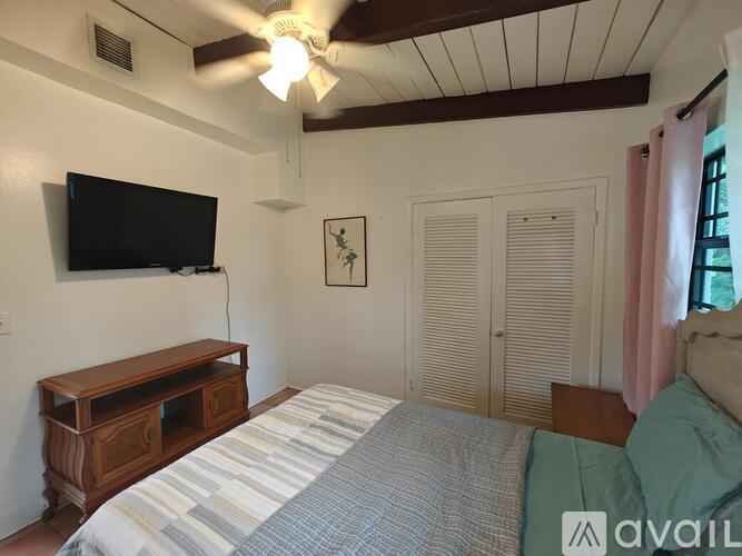 A bedroom with a bed, a television, and a ceiling fan.