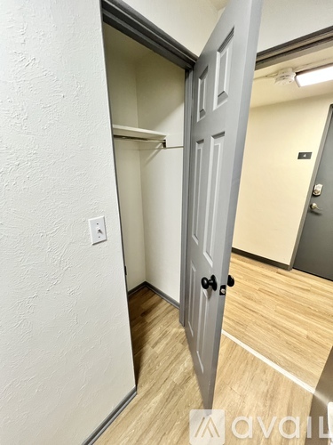 A room with a wooden floor and a grey door.